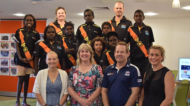 Kate Worden, Minister Eva Lawler, Stu Totham and Rychelle Vines pictured with students from Peppimenarti